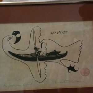 Innuit Indian Art Enook Manomie Kayak In Bird Frame 8.5 X 12"